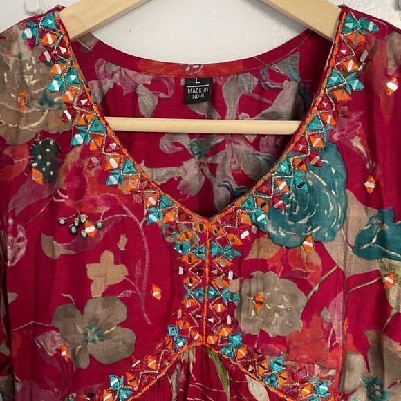 Indian women’s mirror work red Kurta top size L - Picture 4 of 7